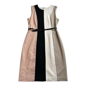 Womens‎ Calvin Klein Color Block  Black Beige Pink Belted Sheath Dress Sz 6